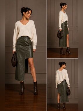 NWT Asymmetrical Faux Leather Midi Skirt Olive Green Utility High Waist Size M